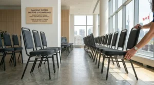 Detail of a ganging mechanism connecting stackable chairs in rows.
