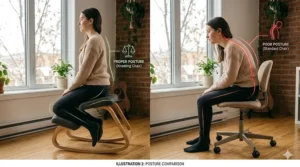 Side-by-side comparison of slouched sitting versus upright posture on a kneeling chair.