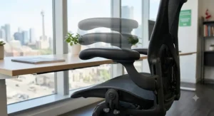 Close-up of the backrest adjustment dial on an ergonomic chair, highlighting specialized pregnancy back support.