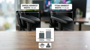 Comparison chart showing the wider armrest range of the Titan compared to the Secretlab Omega.