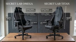 Infographic showing height and weight capacity differences between Secretlab Omega and Titan chairs.