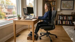 Ergonomic desk setup showing proper alignment for a shorter individual with a footrest and adjustable chair.