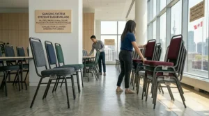 Stackable office chairs arranged in a classroom or training setting.