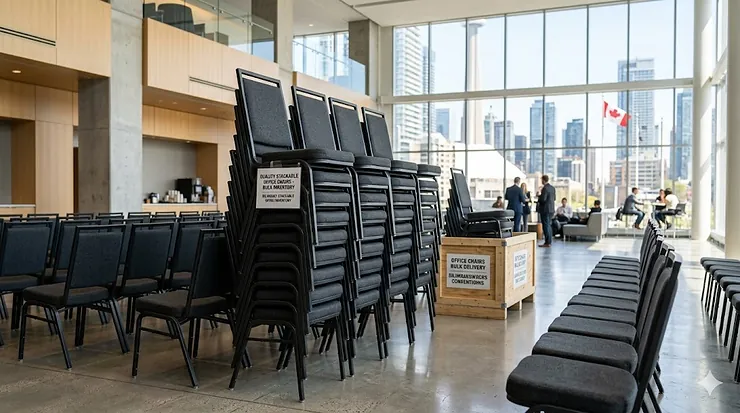 A large stack of ergonomic office chairs ready for bulk commercial delivery. stackable office chairs bulk