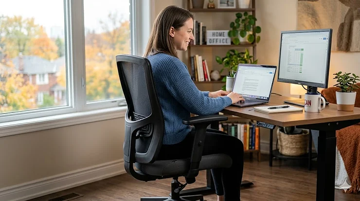 A modern starter office chair designed for home workspaces in Canada, showcasing ergonomic support and sleek style.