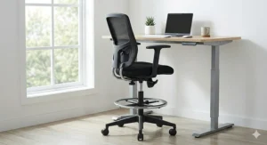 Detailed view of the seat tilt mechanism on an ergonomic drafting chair for customized sitting angles.