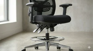 Swivel drafting chair with footring and ergonomic back support.