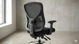 Close-up of drafting chair with built-in lumbar back support.