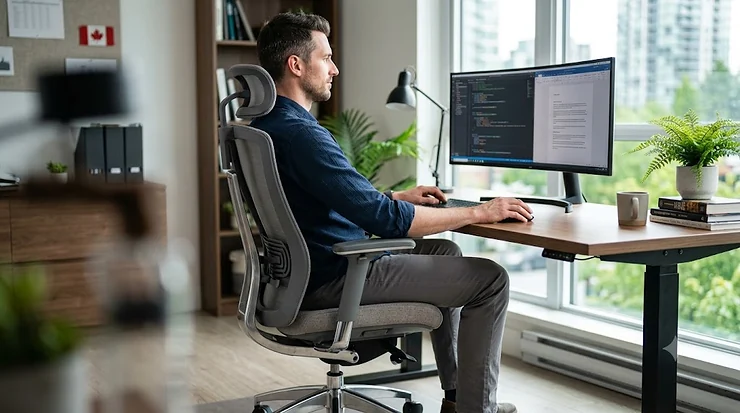 A candid photo of a tall man at a Canadian desk, using an ergonomic chair designed for 6'4" person. office chair for tall person 6'4