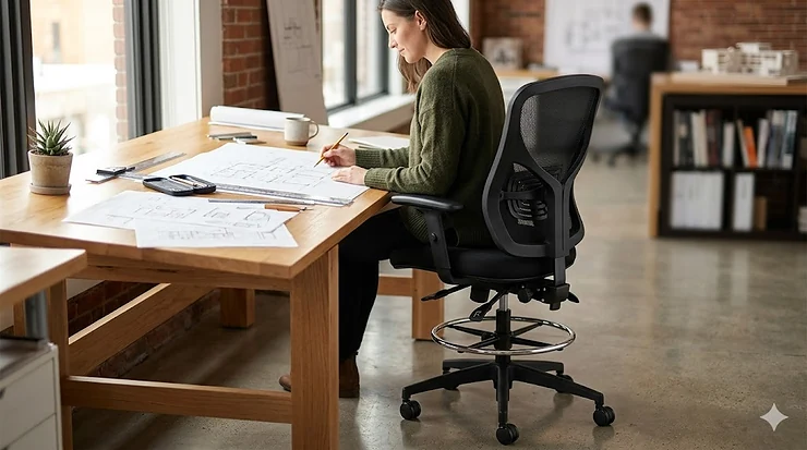 Ergonomic drafting chair with back support in a modern home office.