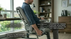 A technical infographic illustrating the tilt tension and recline mechanism optimized for tall users.