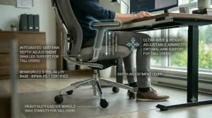 A visualization showing the 4D adjustable armrests supporting the user's longer arms.