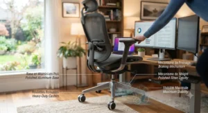 Office chair with multi-directional adjustable armrests for shoulder comfort.