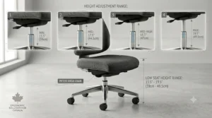 Illustration showing the hydraulic height adjustment range of a low seat height office chair for customized comfort in home offices.