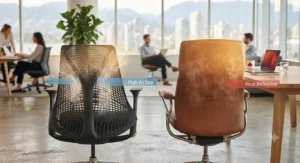 Diagram showing airflow through mesh vs solid leather chair. / Schéma montrant la circulation d'air : filet vs cuir.