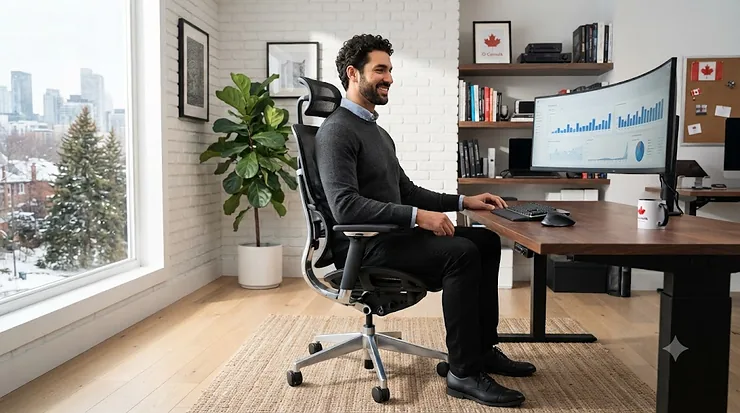 Ergonomic office chair for tall people featuring an adjustable high back and deep seat pan in a modern Canadian home office.