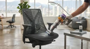 Easy maintenance and cleaning of a mesh ergonomic chair. / Entretien facile d'une chaise de bureau ergonomique en filet.