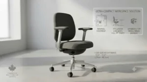 Vector illustration of a minimalist small-space workspace utilizing a low seat height office chair designed for urban Canadian condos.