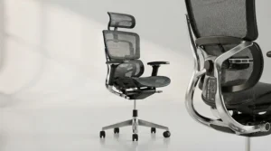 Dynamic lumbar support system on a heavy-duty office chair for tall people to prevent lower back strain during long work hours.