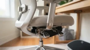 Close-up of key ergonomic adjustments on a petite office chair, including seat depth and height settings for improved posture.