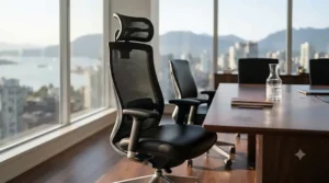 Premium executive style extra high back office chair featured in a corporate Vancouver workspace setup.