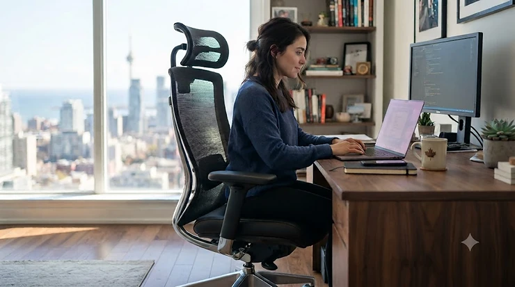Ergonomic extra high back office chair in a modern Toronto home office, featuring full lumbar support for long working hours.