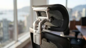 Height and angle-adjustable headrest feature on an ergonomic extra high back office chair.