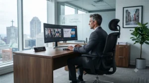 Professional ergonomic tall back office chair set up in a bright Montreal corporate office.