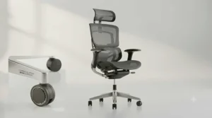 Reinforced aluminum base and heavy-duty frame of an office chair for tall people, engineered for commercial-grade durability.