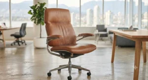 Luxury leather executive office chair in a formal workspace. / Chaise de bureau en cuir de luxe pour un espace professionnel.
