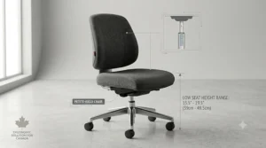 Diagram illustrating the ergonomic low seat height dimensions of a compact office chair tailored for petite users across Canadian workspaces.