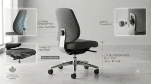 Technical illustration highlighting the built-in lumbar support and proper posture alignment on a low seat height office chair.