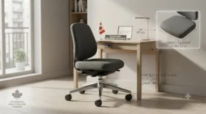 Stylized illustration of a cozy Canadian apartment home office featuring a space-saving low seat height office chair at a standard desk.