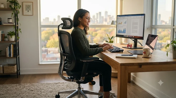 Comprehensive office chair buying guide for Canadian remote workers, featuring a modern ergonomic setup in a home office.