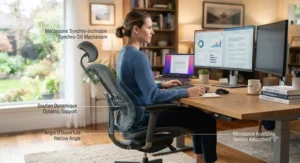 Person sitting in an ergonomic chair maintaining a healthy, neutral spine posture.