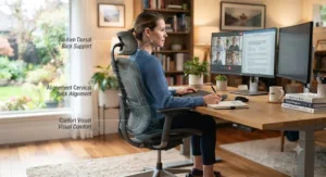 Sturdy, five-point base of an office chair ensuring stability for users with back conditions.