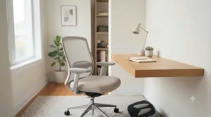 A stylish petite office chair paired with a minimalist desk, highlighting its space-saving benefits for small Canadian workspaces.