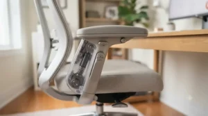 Adjustable armrests on a petite office chair, demonstrating the versatility needed for ergonomic support for smaller statures.