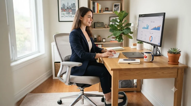 A modern, ergonomic petite office chair designed for small Canadian home offices, providing comfort and support for smaller frames.