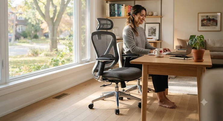 Ergonomic small frame office chair in a modern home office.
