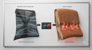 Comparing heat buildup in mesh vs leather seating. / Comparaison de la chaleur : assise en filet vs cuir.