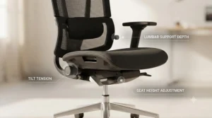 Diagram showing adjustable lumbar support and height features of a tall back office chair.