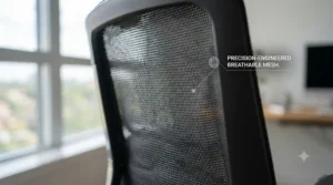 Close-up of breathable mesh fabric on a tall back office chair for all-season climate control.