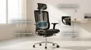 Illustration of proper spinal alignment maintained by a tall back office chair during long work hours.