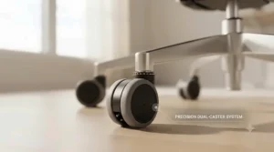 Detail of floor-safe dual-caster wheels on a heavy-duty tall back office chair.