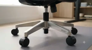 Steel-reinforced office chair base for durability.
