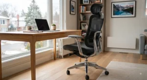 Adjustable high back office chair featuring lumbar support for improved posture during long work hours.