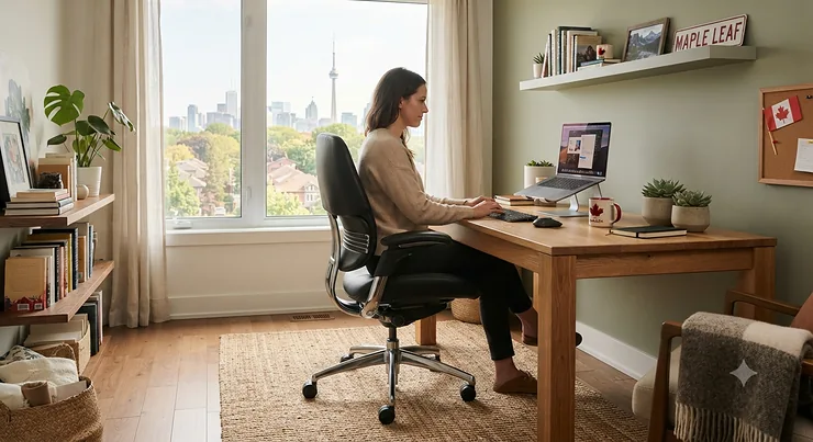 An ergonomic affordable leather office chair set up in a modern Canadian home office with natural lighting. affordable leather office chairs