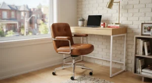 A compact modern brown leather task chair tucked neatly under a space-saving apartment desk.