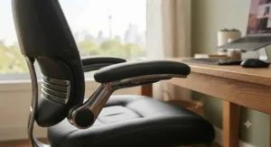 Padded flip-up armrests on a high-value leather office chair to save space when working from home.